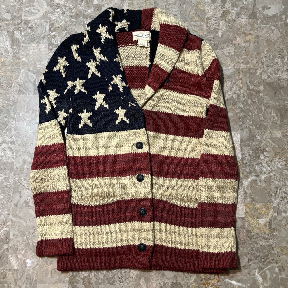 Denim And Supply Ralph Lauren Cardigan Womens Small American Flag Intarsia Y2K